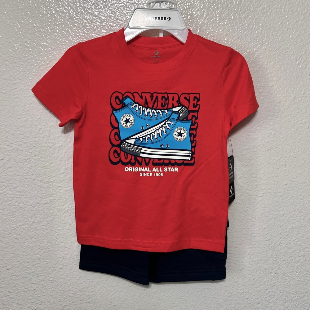 Converse Boys 2-Piece Set Red T-Shirt & Navy Shorts Outfit Size‎ 5 MSRP $32
